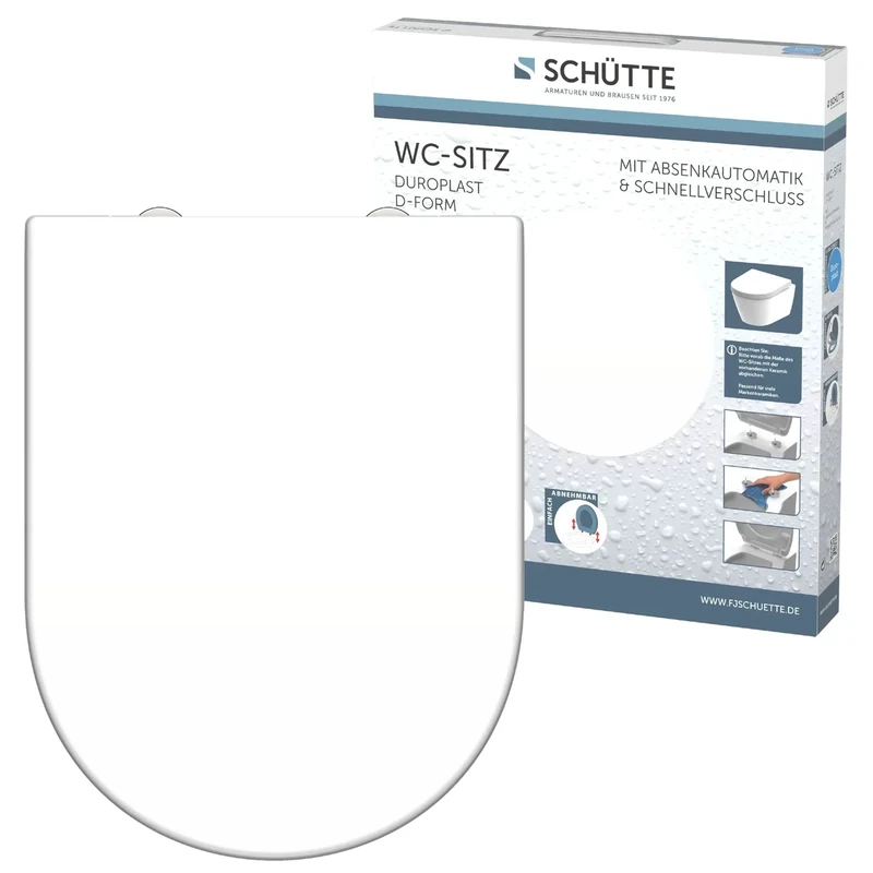 SCHÜTTE Duroplast D Shape Toilet Seat with Soft-Close Mechanism and Quick Release for Easy Cleaning, Maximum Load of The Toilet Seat 175 kg, White 82910