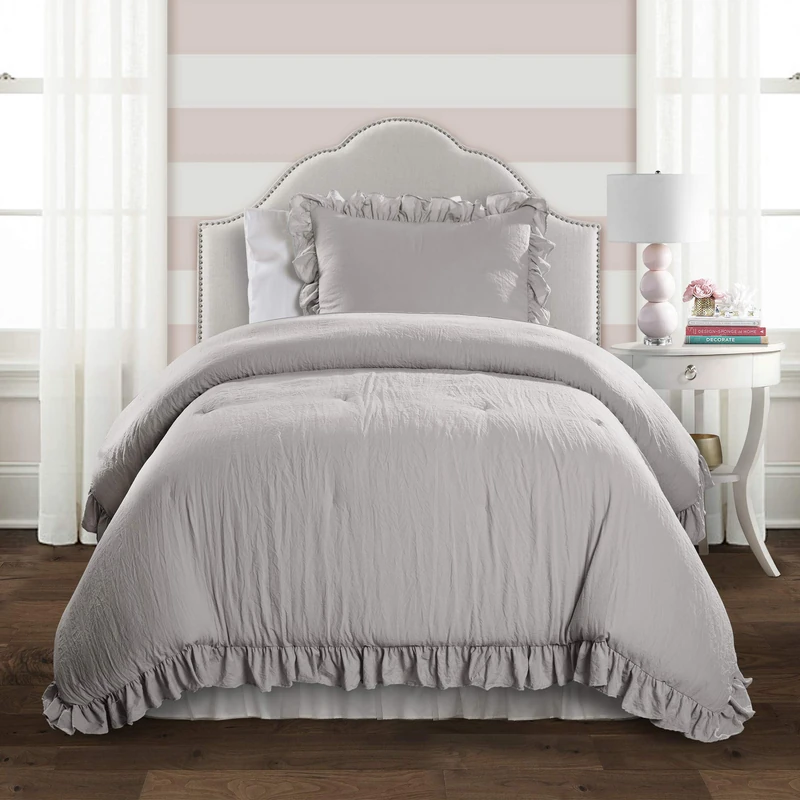 Lush Decor Reyna Comforter Light Gray Ruffled 2 Piece Set with Pillow Sham Twin XL Size Bedding, Polyester - Image 1