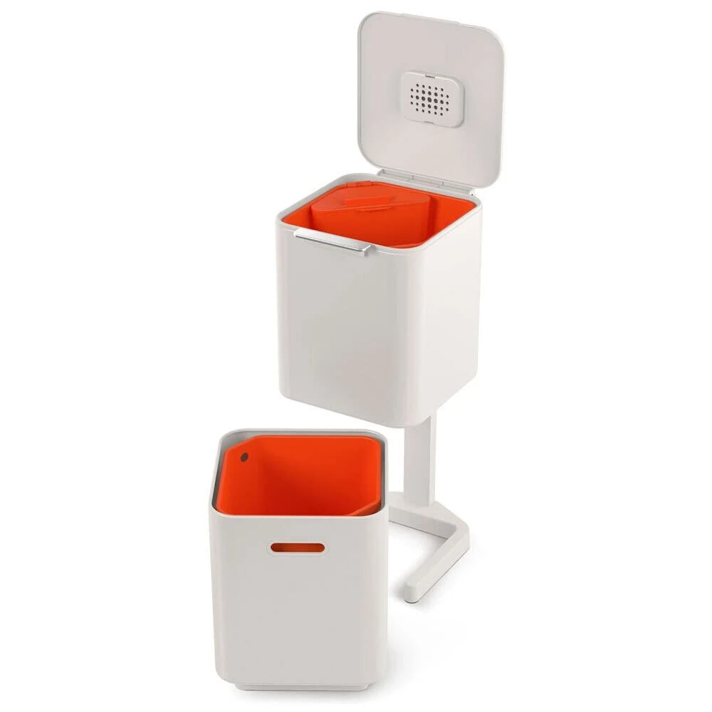 Joseph Joseph Totem Compact 40 Litre Waste Separation and Recycling Kitchen Bin with odour filter and removable food waste caddy, Stone