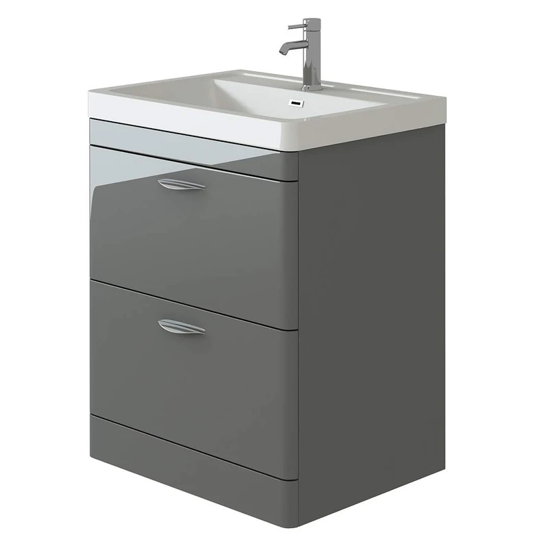 VeeBath APOL302 Cyrenne High Gloss Anthracite Grey Floor Standing Vanity Basin Storage Unit Cabinet & Polymarble Soft Edges Sink-700mm, 700mm