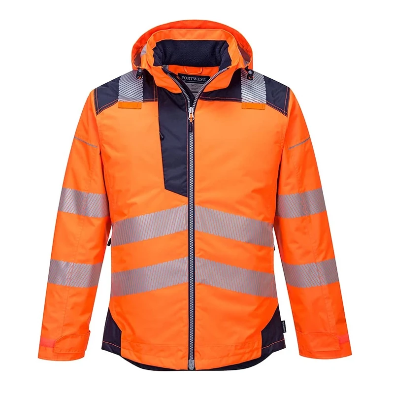 Portwest T400 Men's PW3 Lightweight Hi Vis Hooded Work Jacket Reflective Full Zip Safety Utility Quilt Lined Waterproof Workwear Orange/Navy, XX-Large
