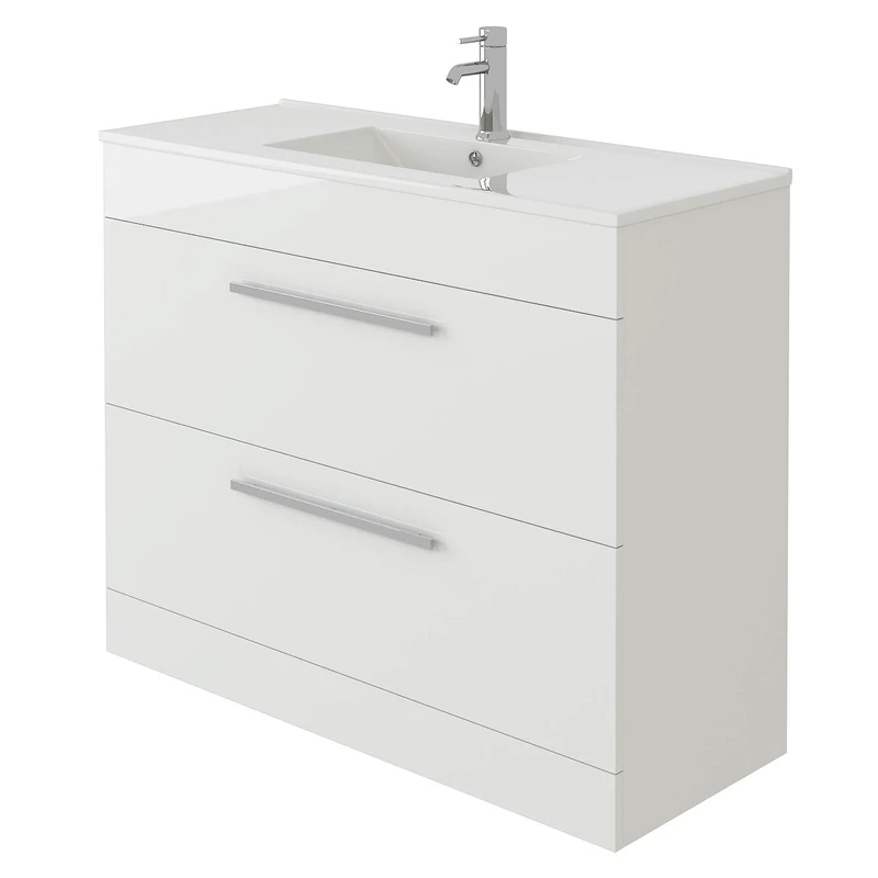 VeeBath Venus 1000 Vanity Unit, Mid Edge Wash Basin Bathroom Sink, Soft Close Drawer, Cloakroom Wall Mounted Storage Cabinet- White (Flat Pack)