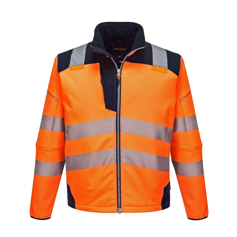 Portwest T402 Men's PW3 Hi Vis Safety Jacket - Windproof Water Resistant High Visibility Reflective Softshell Jacket Orange/Navy, XX-Large