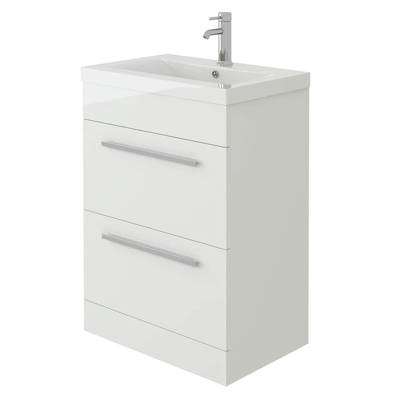 VeeBath Venus 600 Vanity Unit, Mid Edge Wash Basin Bathroom Sink, Soft Close Drawer, Cloakroom Wall Mounted Storage Cabinet- White (Flat Pack)