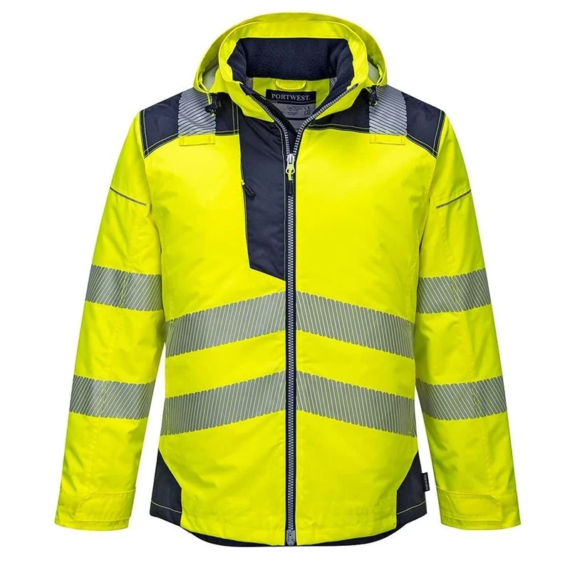 Portwest T400 Men's PW3 Lightweight Hi Vis Hooded Work Jacket Reflective Full Zip Safety Utility Quilt Lined Waterproof Workwear Yellow/Navy, XX-Large