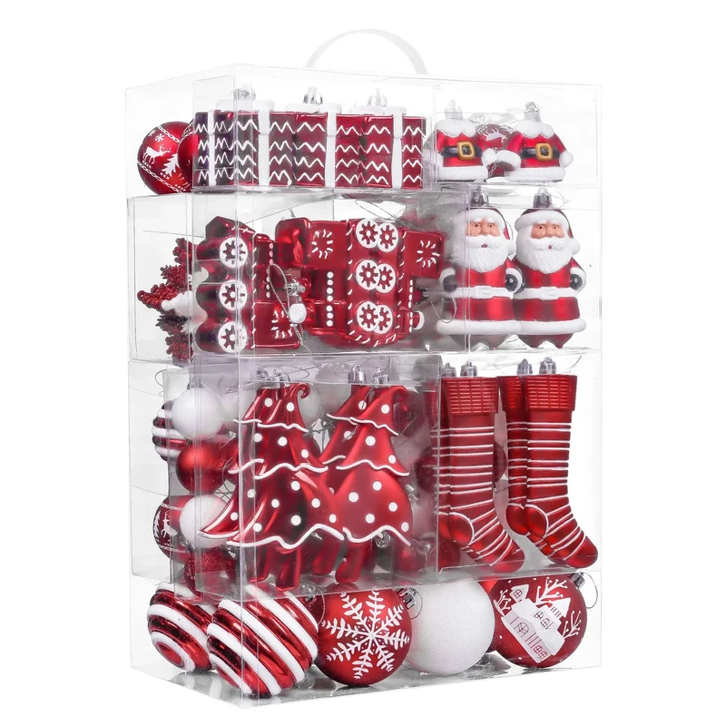 Valery Madelyn Christmas Tree Ornaments Set, 155ct Red and White Shatterproof Christmas Tree Decorations Bulk, Traditional Hanging Ball Ornaments for Xmas Trees Holiday Party Decor