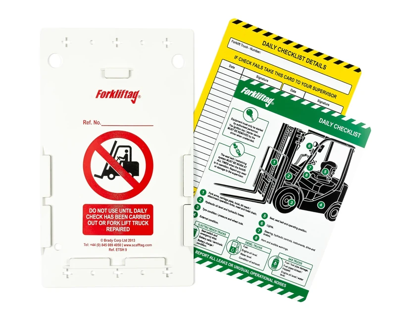 Scafftag by Brady Forklifttag Kit – Complete Forklift Inspection System with 4 Holders, 20 Status Inserts & Pen for Pre-Shift Safety Compliance - Forklift Safety Tag