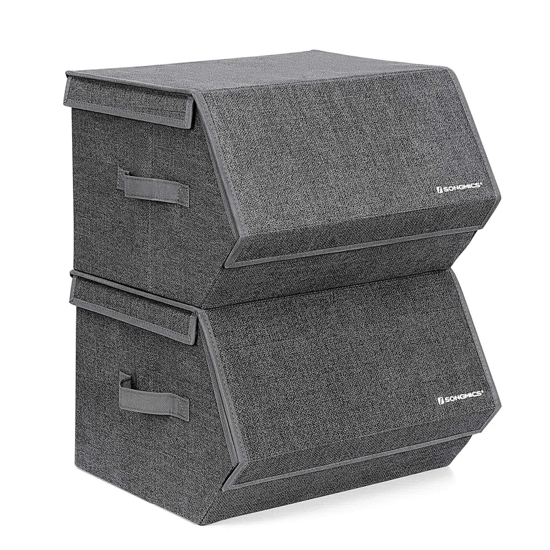 SONGMICS Set of 2 Storage Boxes with Lid, Stackable, Folding, Metal Frame