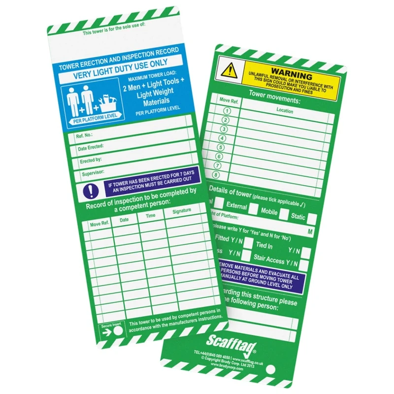 Scafftag by Brady Towertag Inserts – Compact Equipment Inspection Inserts Tower Erection and Inspection, Includes 50 Towertag Inserts for Workplace Safety Compliance – White on Green