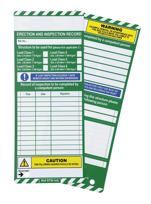 Scafftag by Brady MK1 Inserts – Compact Equipment Inspection Tags Erection & Inspection Record, Includes 50 Double-Sided Inserts for Workplace Safety Compliance – White on Green