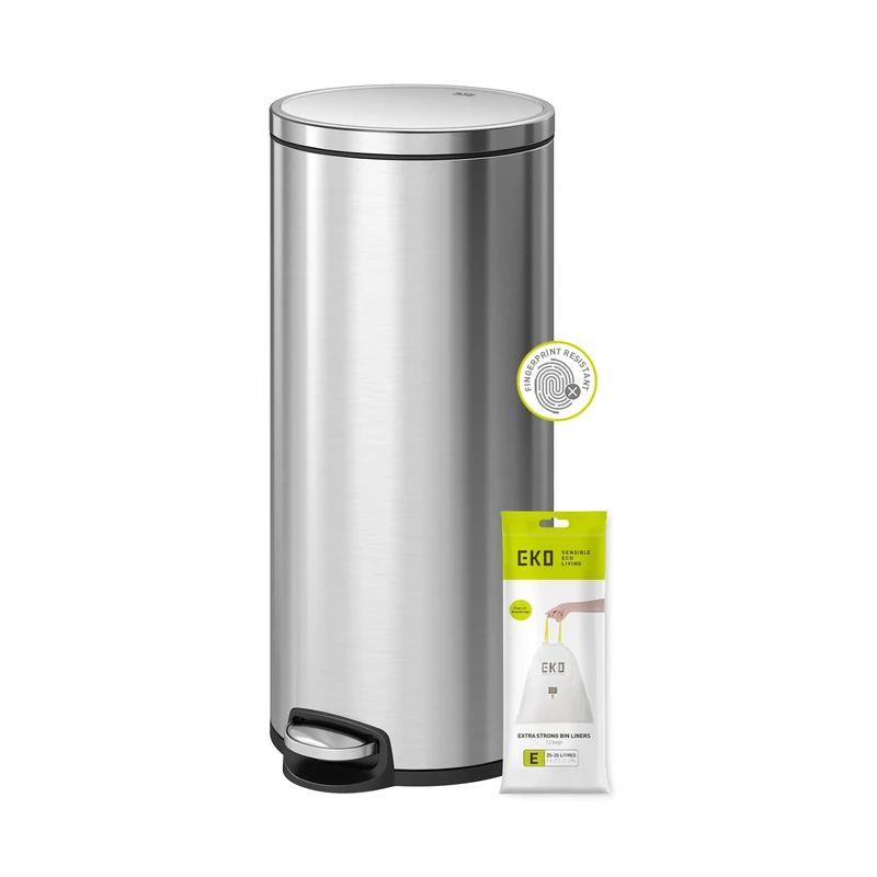 EKO Eva Pedal Kitchen Bin 30 Litres, Waste Bin with Removable Inner Bucket, Soft Close Lid, Stainless Steel