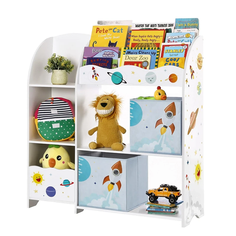 SONGMICS Toy and Book Organizer for Kids, Kids Bookshelf and Toy Storage, Storage Organizer with 2 Storage Boxes, for Playroom, Children's Room, Living Room, Cloud White with Motif GKR42WT
