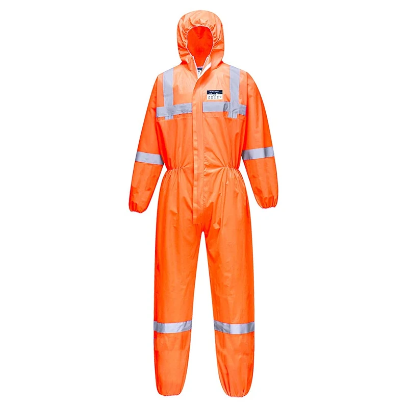 Portwest ST36 VisTex SMS Coverall Type 5/6 High-Visibility Protective Suit Anti-Static Breathable Elasticated Hood & Cuffs Durable Workwear for Hazardous Environments, Orange, XXXL