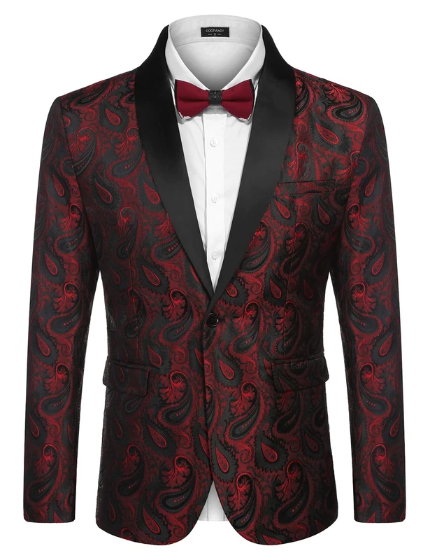 COOFANDY Mens Floral Tuxedo Jacket Paisley Shawl Lapel Suit Blazer Jacket for Dinner,Prom,Wedding, Wine Red, M