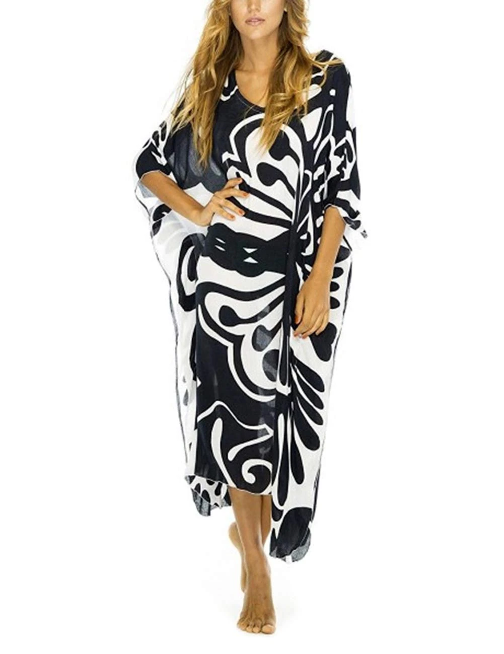 Bsubseach Women Black Print Batwing Sleeve Kaftan Beach Dress Loose V Neck Bathing Suit Cover Up Beachwear