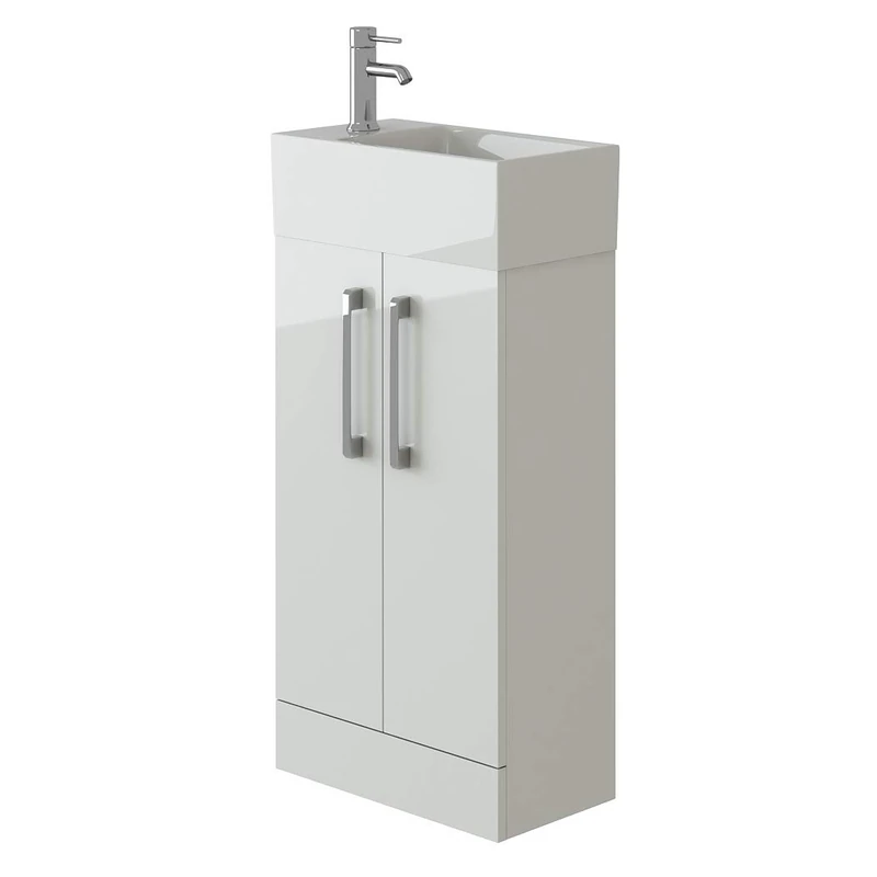VeeBath STR-CR47-WH Lumin Cloakroom Vanity Basin Cabinet 2 Soft Close Door Bathroom Furniture Unit with Ceramic Sink-470mm, High Gloss White, 470mm