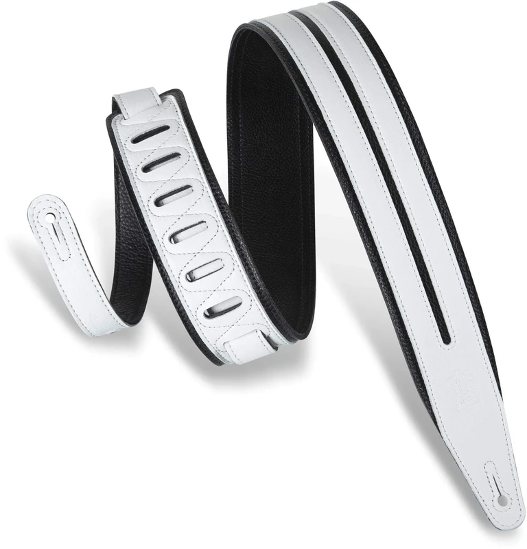 Levy's Leathers 2.5" Garment Leather Guitar Strap Double Racing Stripe Design; White and Black (MG317DRS-BLK_WHT)