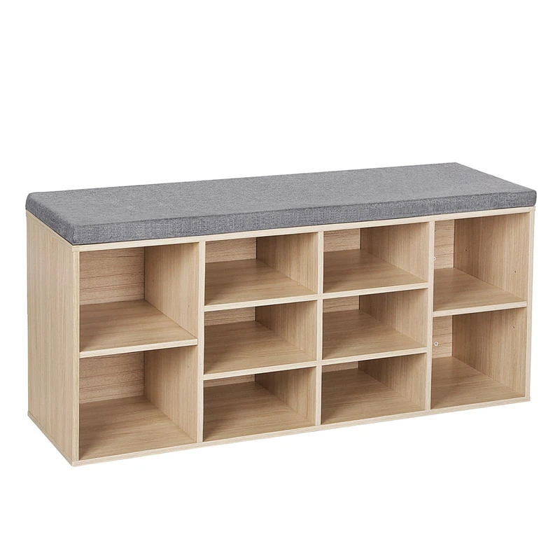 VASAGLE Shoe Bench, Shoe Rack, Storage Unit, 10 Compartments, with Cushion, for Entrance, 104 x 30 x 48 cm, Oak LHS10NL
