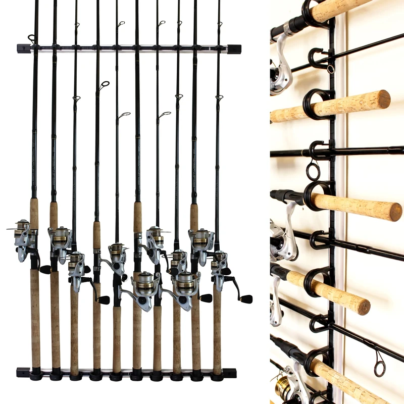 Rush Creek Creations 10-Rod Wall or Ceiling Fishing Rod Storage Rack, Vertical or Horizontal Fishing Rod Holder with 10 Rod Capacity, Silver and Black
