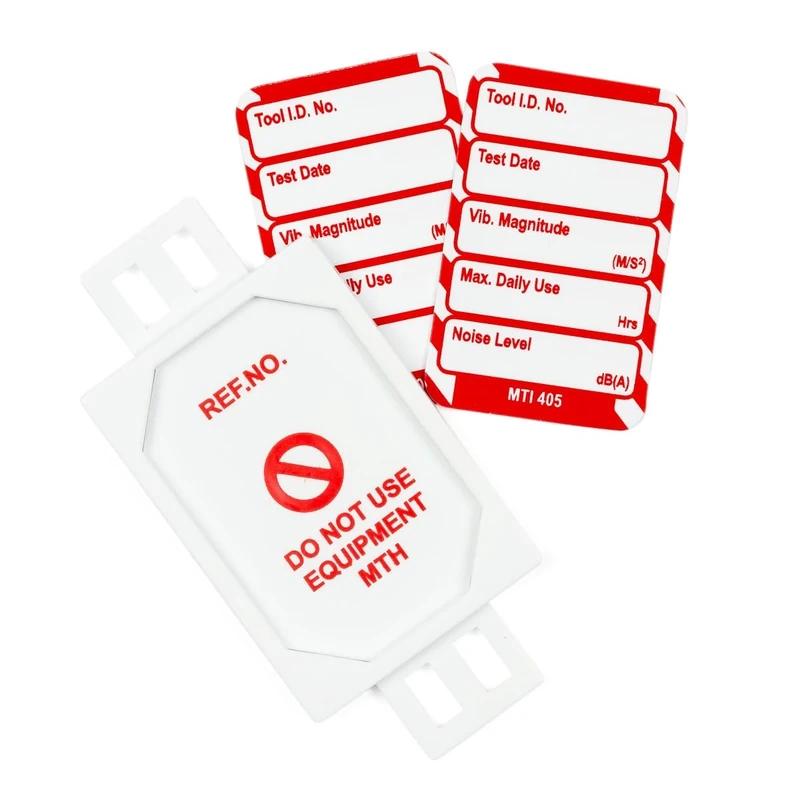 Scafftag by Brady Microtag Kit – Compact Equipment Inspection Tags "Vibration - Max. Daily Use", Includes 20 Holders, 20 Double-Sided Inserts, and Pen for Workplace Safety Compliance – White on Red