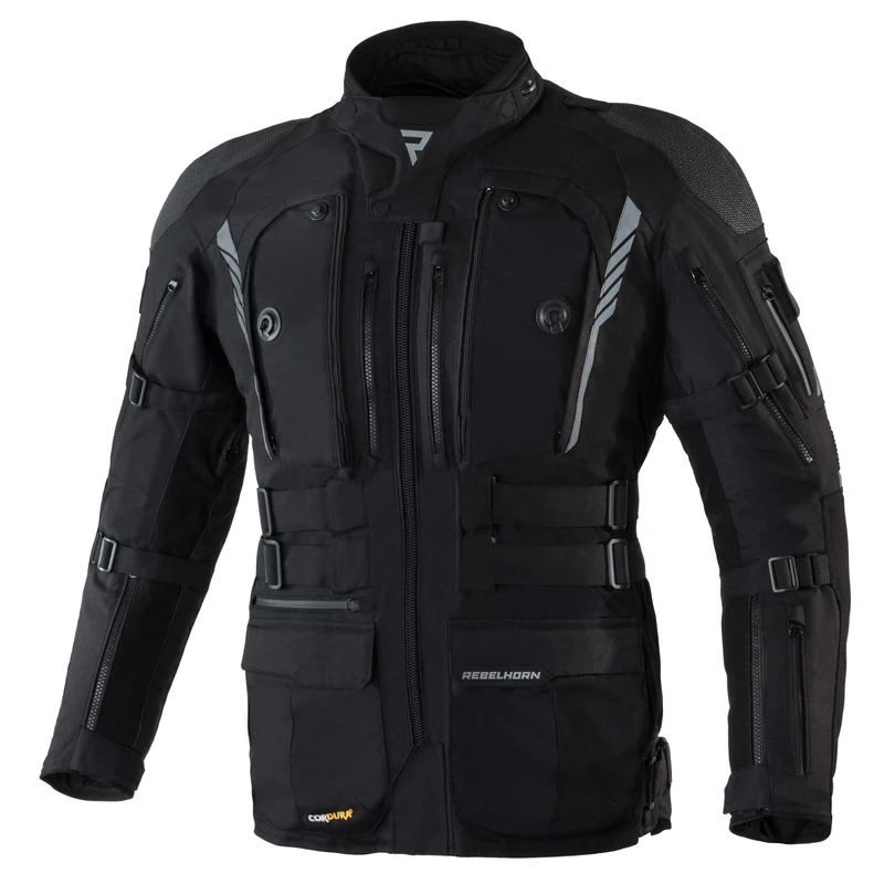REBELHORN Patrol Motorcycle Tour Jacket Durable Materials Cordura Hitena Superfabric CE-Level 2 Shoulder Elbows Protectos Sympatex Membrane Ventilation Reflective Elements Pockets