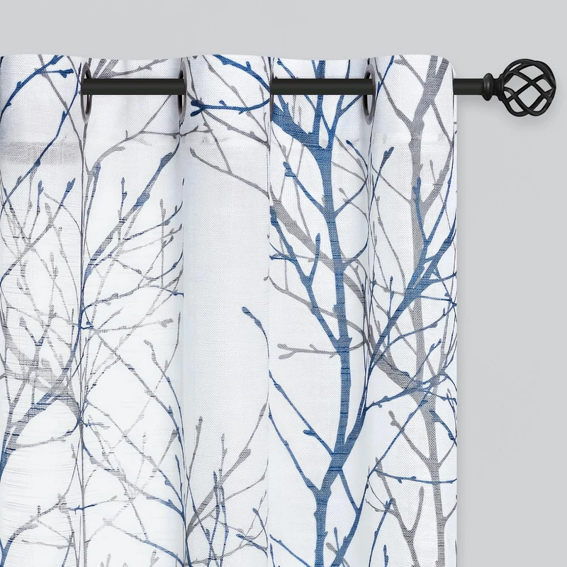 Fmfunctex Print Blue White Semi-Sheer Curtain Panels for Bedroom 63” Grey Tree Branch Printing on Linen Textured Window Treatment Set for Living Room Draperies 50”w 2-Pack - Image 1