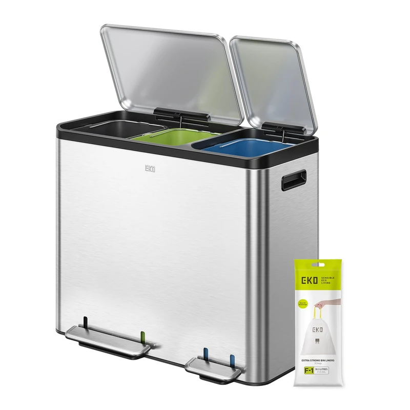 EKO Ecocasa Recycling Kitchen Bin, 3 x 15 Litre Waste Bin 3 Compartments, Pedal Bin with Lids and Plastic Inner Buckets, Soft Closure, Perfect for Kitchen & Home, Stainless Steel
