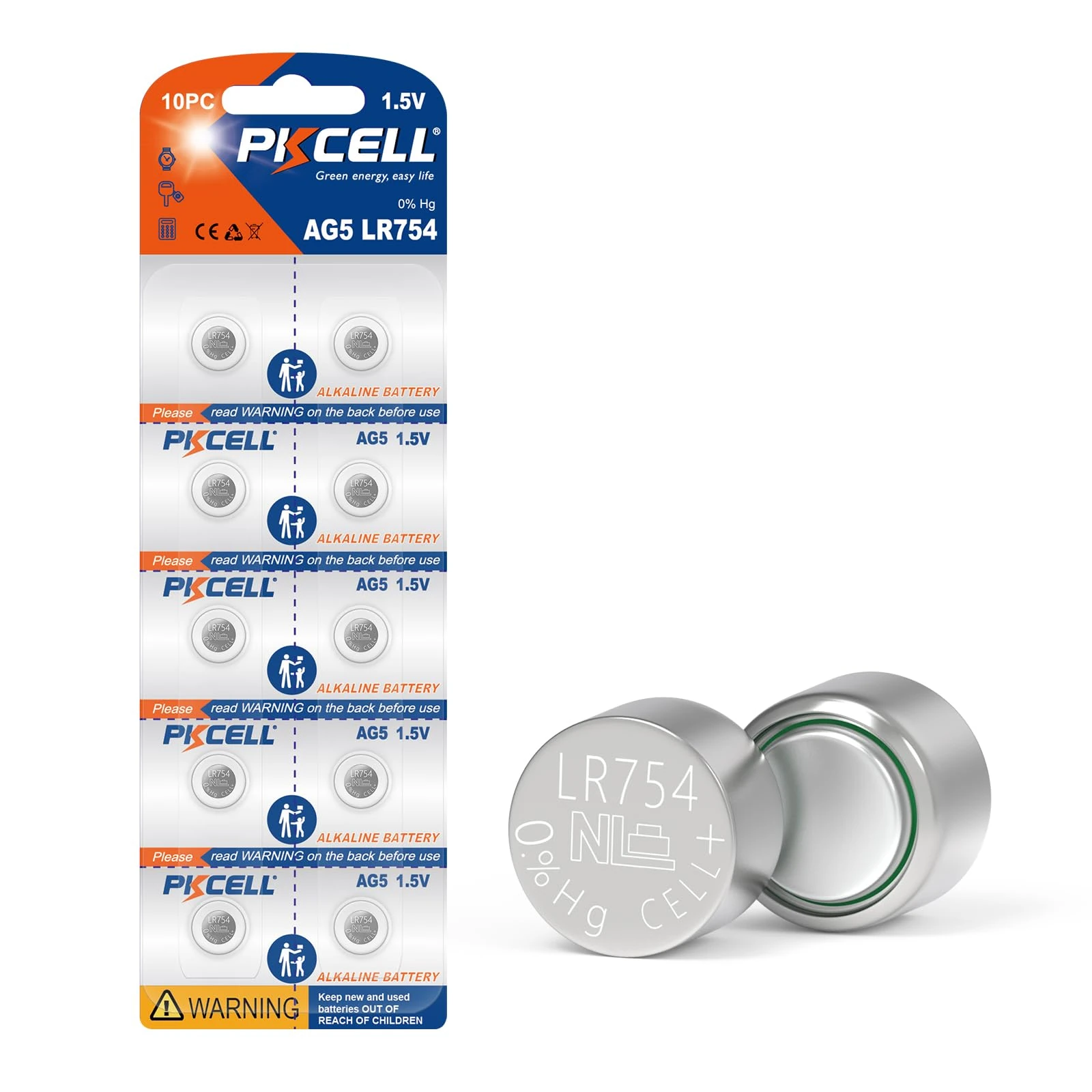 PKCELL AG5/LR754 Batteries (10-Pack), 1.5V AIkaline Button Battery - Mercury-Free, 66mAh Coin Battery for Low-Power Devices - Hearing Aids, Car Remotes, Toys & LED Lights