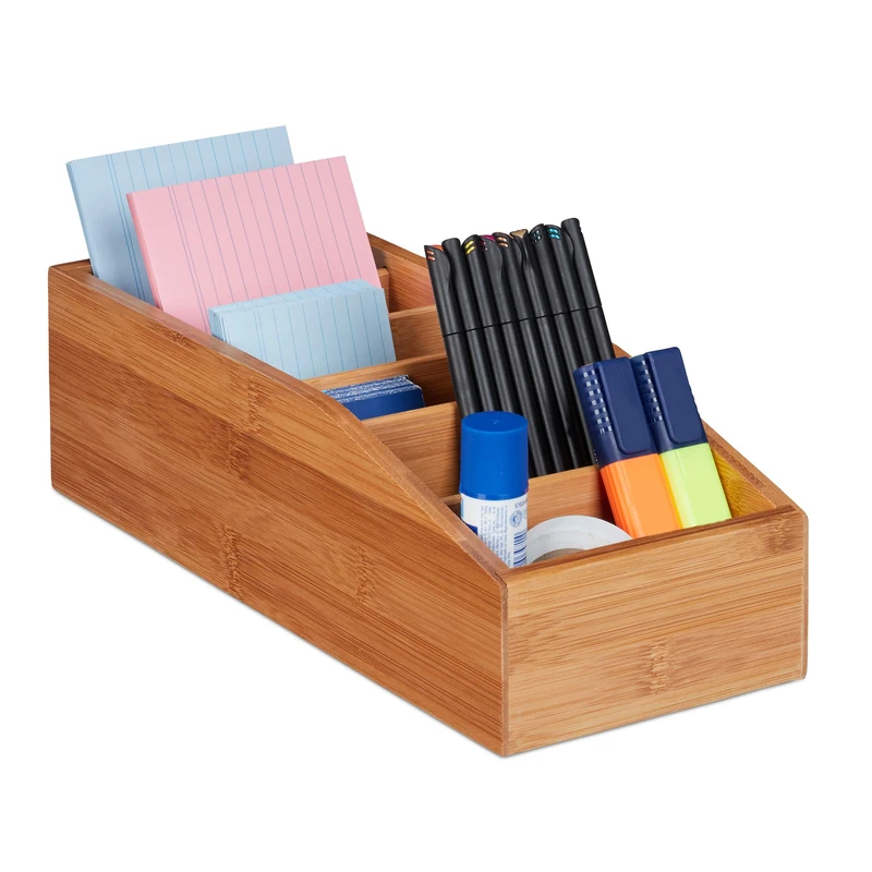 Relaxdays Bamboo Storage Box, 6 Compartments, Universal Office, Bathroom or Kitchen Organiser, HxWxD: 10x14x35cm, Natural