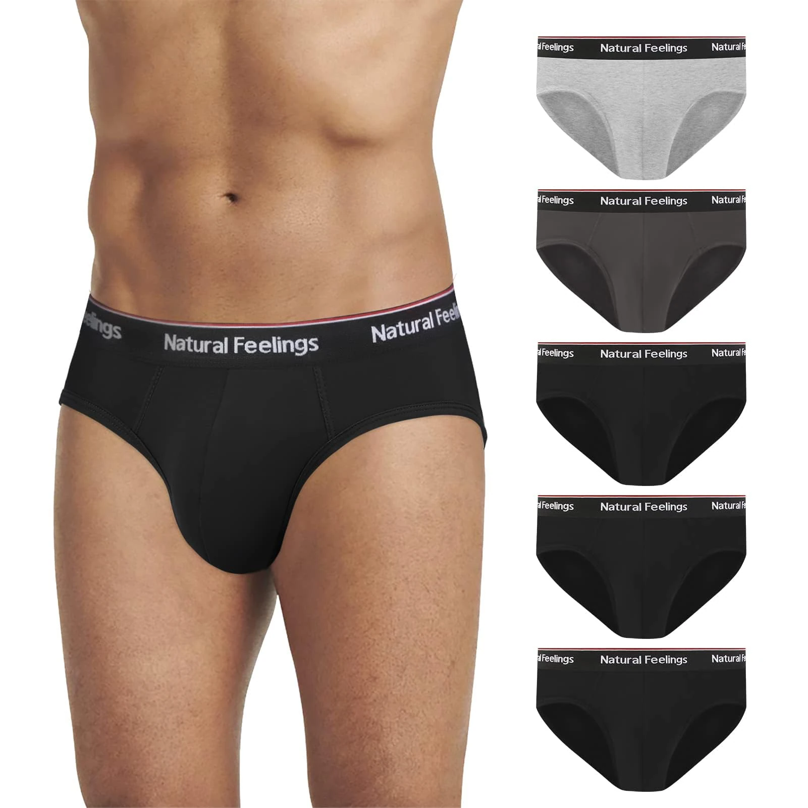 Natural Feelings Men's Underwear Briefs Classic Low Rise Soft Waistband 5 Pack Black Solid Cotton Elastane L