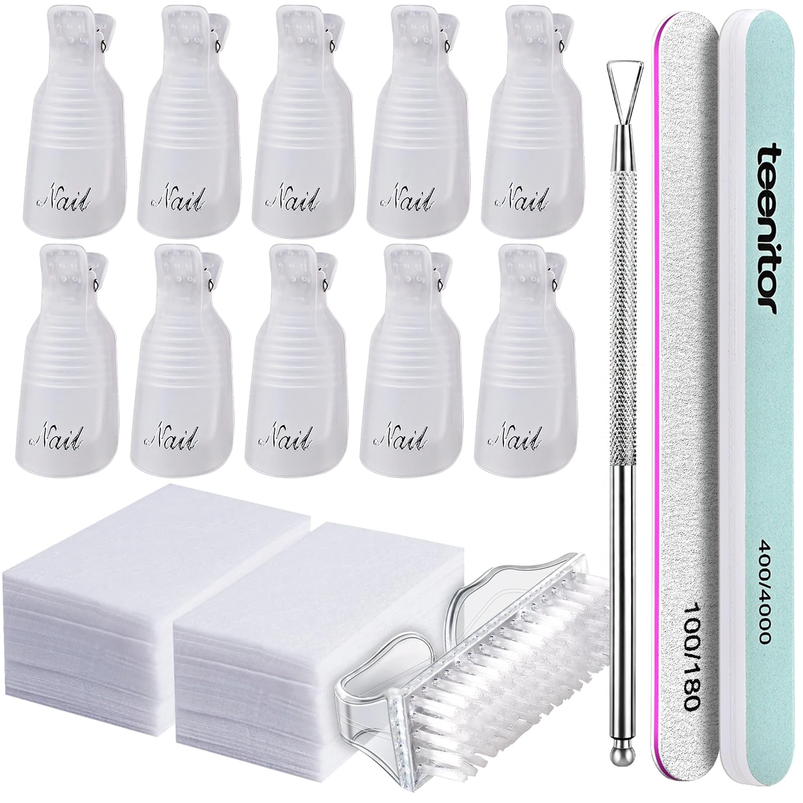 Teenitor Gel Nail Remover Kit -10 pcs Gel Clip Remover, Brush for Nails, Nail Files 100/180, Buffer Block 400/4000, Stainless Steel Cuticle Peeler and Lint Free Cotton Pads, Transparent