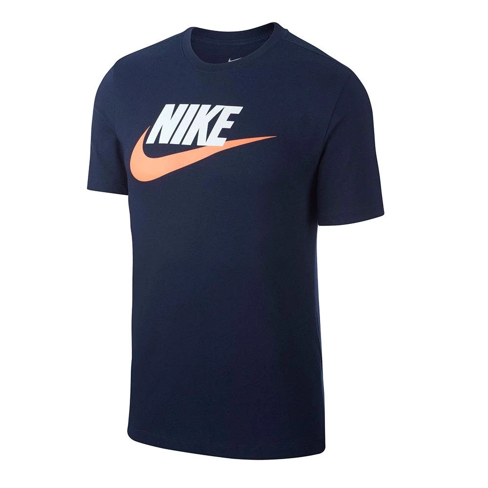 Nike Men M NSW TEE Icon Futura T-Shirt - Midnight Navy/White/Orange Pulse, X-Small