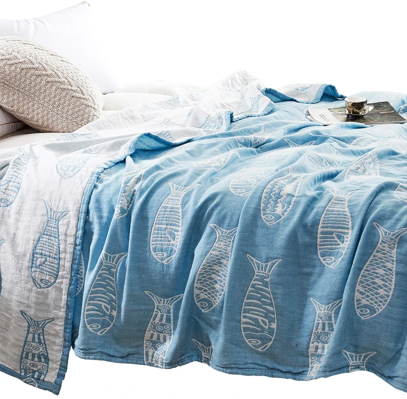 MEJU Fish Blue Modern Muslin Lightweight Summer Blanket for Bed Sofa Couch 100% Combed Cotton 3 Layer Soft Warm Bedspread Throw Blanket Bed Coverlet Sheet Full Queen 80 in X 90 in