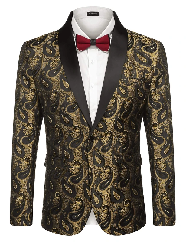 Coofandy Mens Floral Tuxedo Jacket Paisley Shawl Lapel Suit Blazer Jacket for Dinner,Prom,Wedding, Golden, M