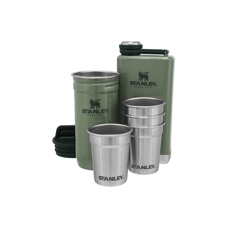 Stanley 1913 Adventure Pre-Party Shot Glasses Set + Hip Flask - BPA-Free Stainless Steel Flask - Alcohol Gifts - Dishwasher Safe - Hammertone Green - Image 1