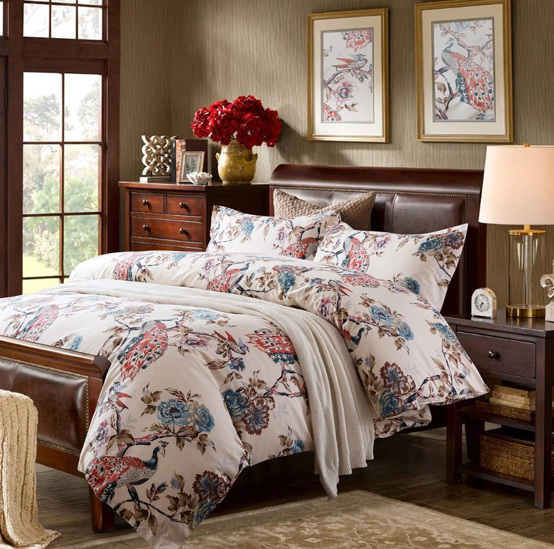 Eikei Oriental Garden Majestic Peacock Bird Floral Duvet Cover Chinoiserie Chic Asian Style Blooming Trees Vines and Branches Long Staple Cotton 3pc Bedding Set (Creamy White, King) - Image 1