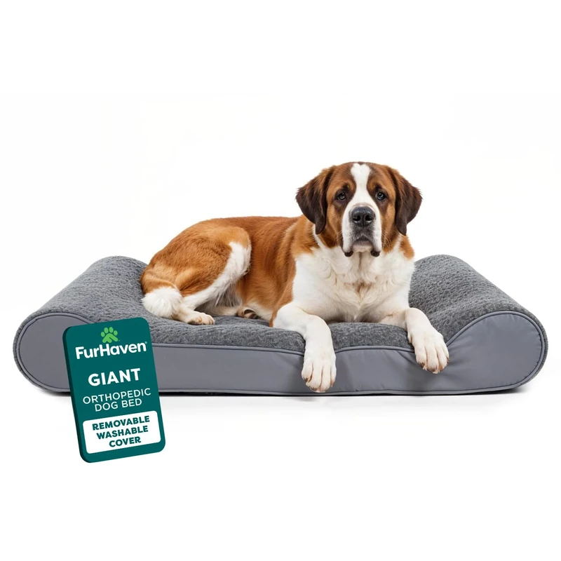 FurHaven Orthopedic Dog Bed for Extra Large Dogs w/Removable Washable Cover, For Dogs Up to 180 lbs - Ultra Plush Faux Fur & Suede Luxe Lounger Contour Mattress - Gray, Giant/XXXL