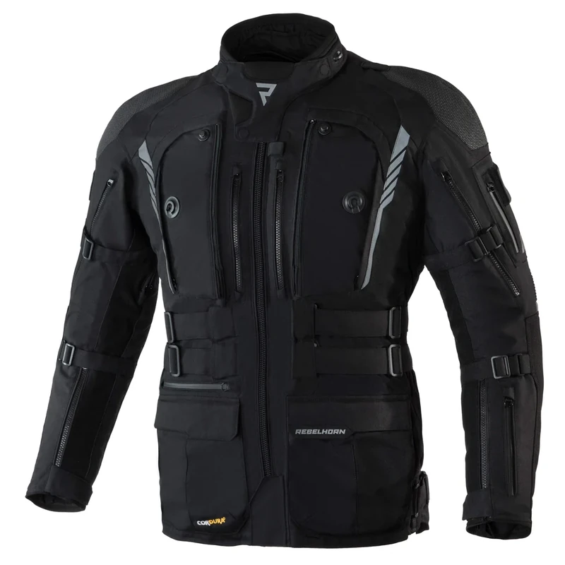 REBELHORN Patrol Motorcycle Tour Jacket Durable Materials Cordura Hitena Superfabric CE-Level 2 Shoulder Elbows Protectos Sympatex Membrane Ventilation Reflective Elements Pockets