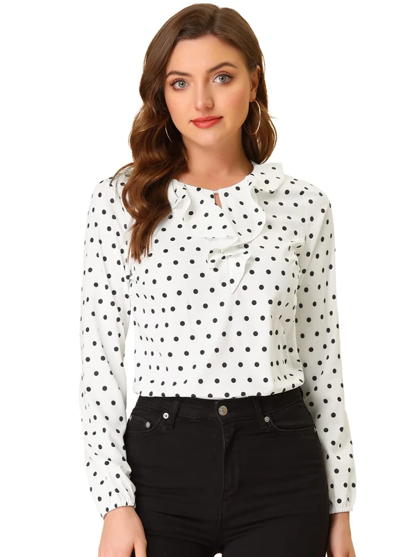 Allegra K Women's Ruffle Neck Long Sleeve Vintage Polka Dots Blouse Shirt White Black 8