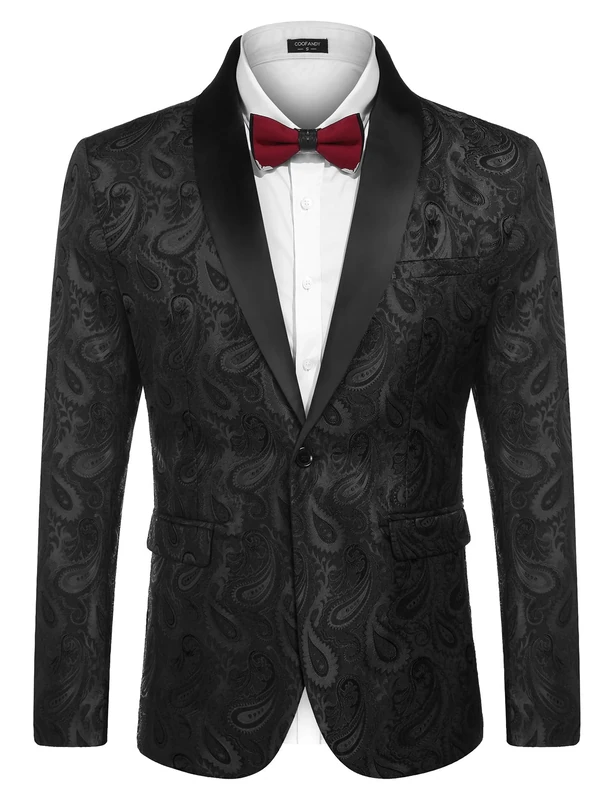 COOFANDY Mens Floral Tuxedo Jacket Paisley Shawl Lapel Suit Blazer Jacket for Dinner,Prom,Wedding, Black, Large