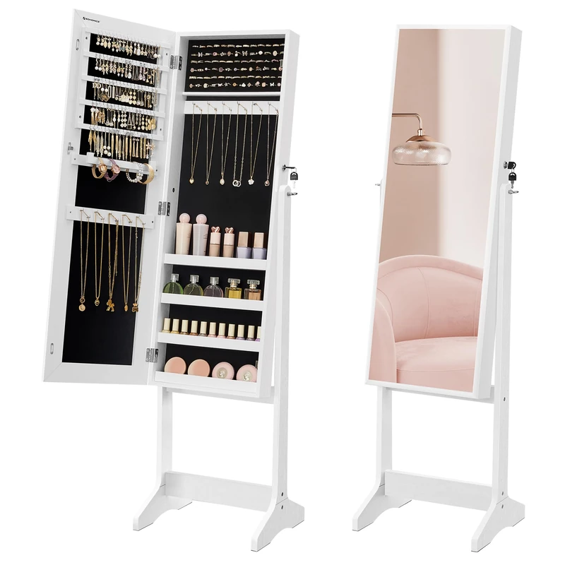 SONGMICS Mirror Jewellery Cabinet Armoire, Standing Full-Length Mirror, Lockable Jewellery Organiser, Gift Idea, White Surface and Black Lining JJC69WT