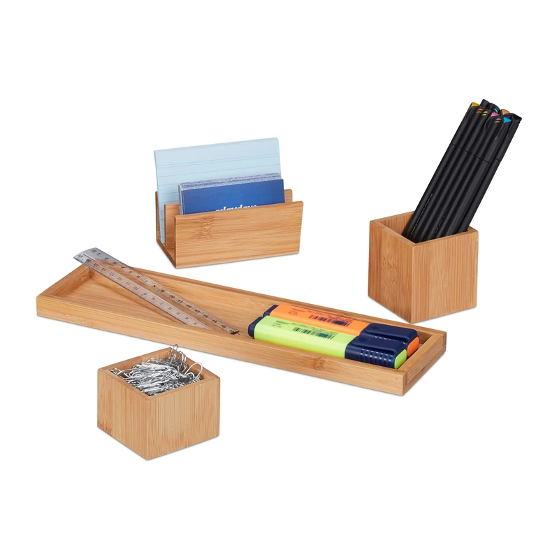 Relaxdays Desk Organiser, Stationery Set of 4, Pen Holder, Letter Rack, Utensil Tray, Bamboo, Natural
