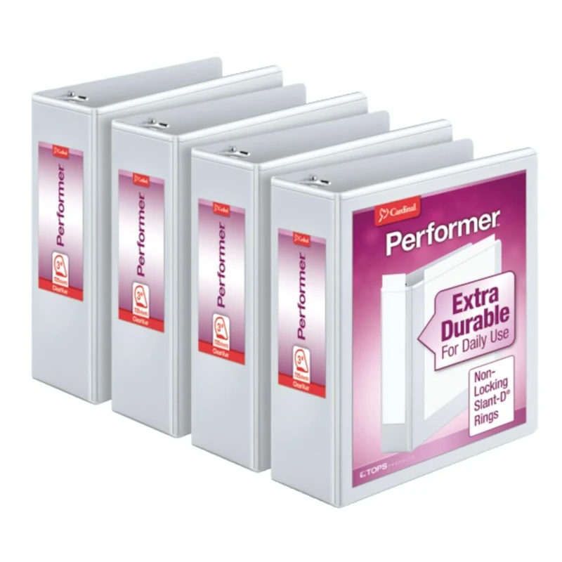 Cardinal Performer 3-Ring Binders, 3", Non-Locking Slant-D Rings, 725-Sheet Capacity, ClearVue Presentation, Non-Stick, PVC-Free, White, 4-Pack (27600)