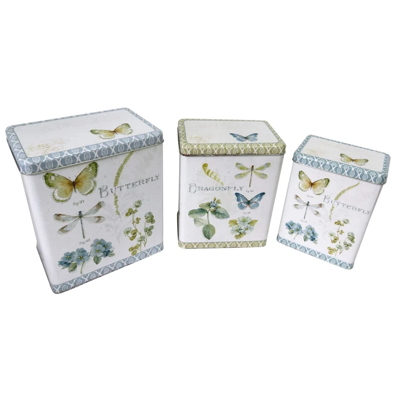 Set of 3 Tin Storage Containers Featuring a Shabby Chic Butterfly Design