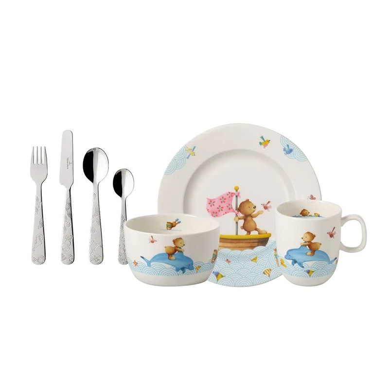 Villeroy & Boch – Happy as a Bear Children Dinnerware 7 Piece Set, 2-Year Break Replacement Guarantee, Dishwasher Safe, Kid Plate Bowl Mug Cutlery Set, Premium Porcelain/Stainless Steel