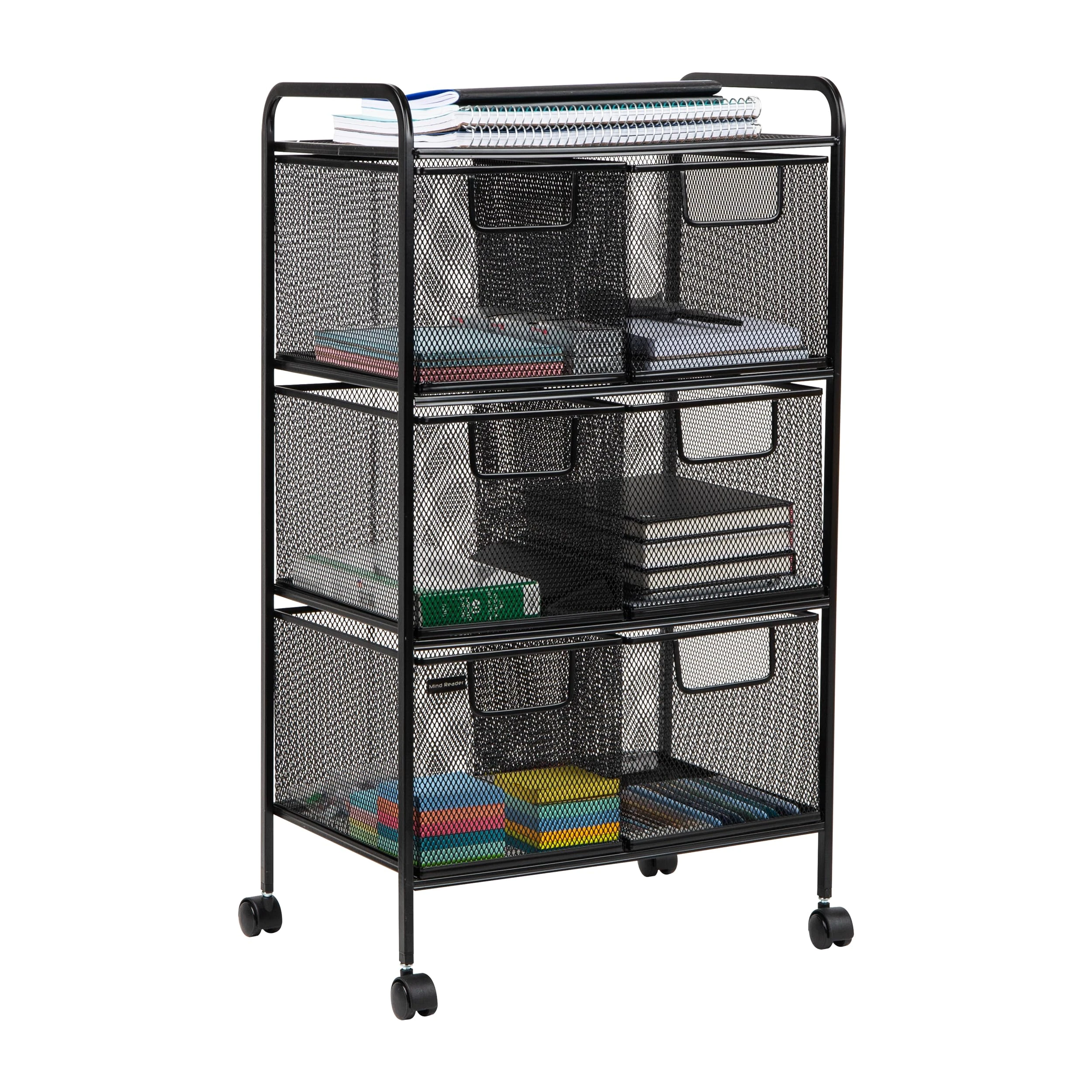 Mind Reader Utility Cart, Bathroom, Kitchen, Metal Mesh, 16" L x 11" W x 29" H, Black, 6 Drawers