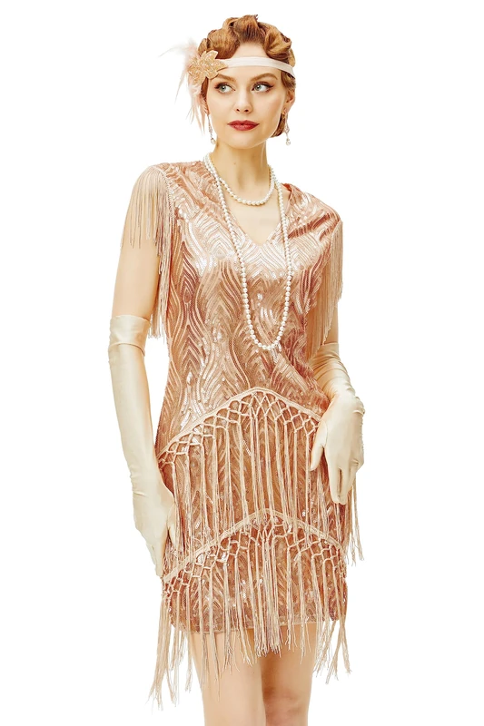 BABEYOND 1920s Flapper Dress Long Fringed Gatsby Roaring 20s Sequins Beaded Vintage Art Deco, Rose Gold, M