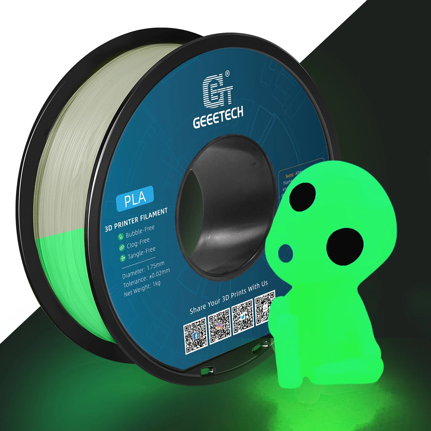 GEEETECH PLA Glow 3D Printer Filament,Glow in The Dark Filament 1.75mm, 1KG Spool (2.2 LBS) 3D Printing Filament for 3D Printers, Luminous Green…