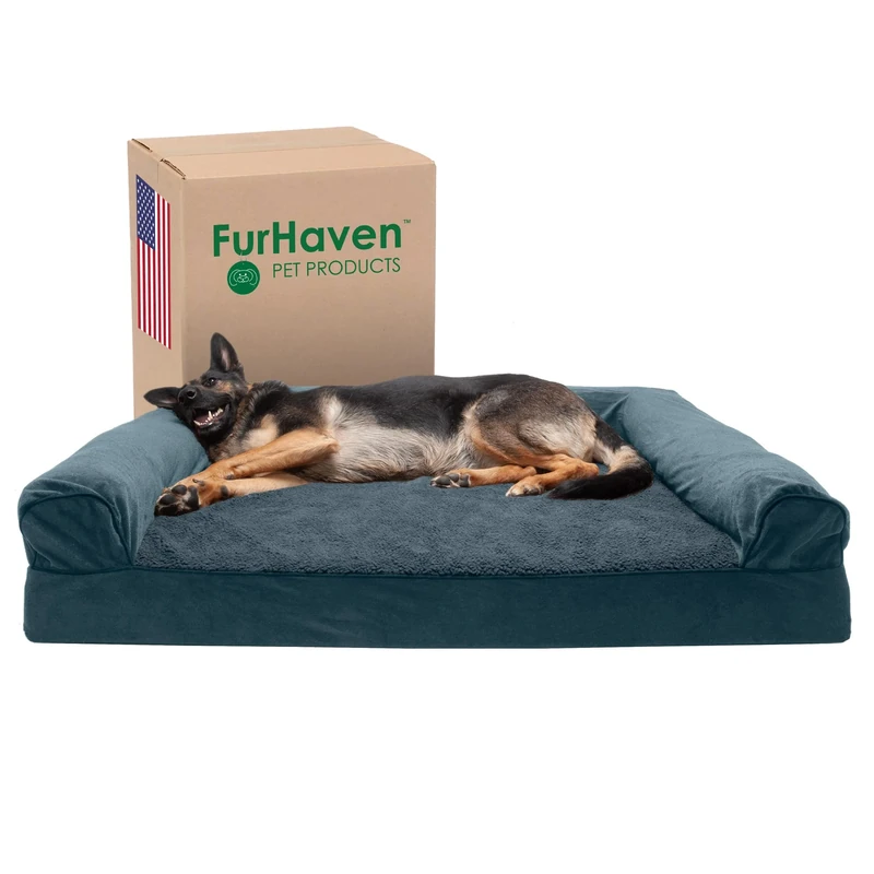 FurHaven XXL Cooling Gel Foam Dog Bed Sherpa & Chenille Sofa-Style w/Removable Washable Cover - Orion Blue, Jumbo Plus (XX-Large)