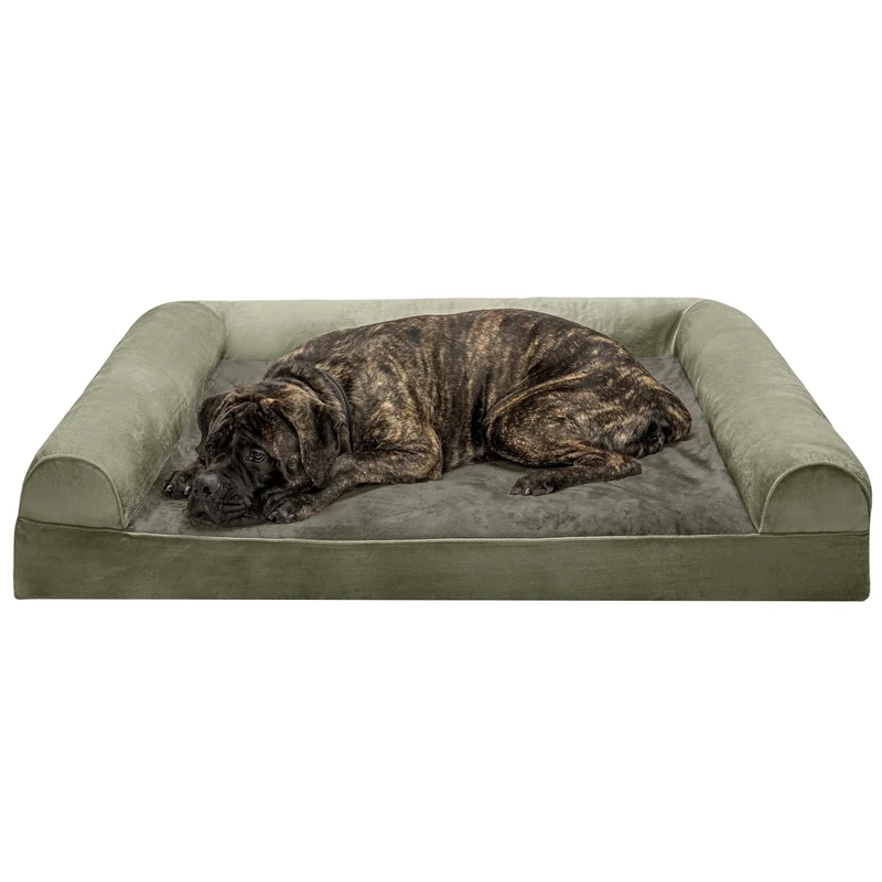 Furhaven XXL Orthopedic Dog Bed Faux Fur & Velvet Sofa-Style w/Removable Washable Cover - Dark Sage, Jumbo Plus (XX-Large)